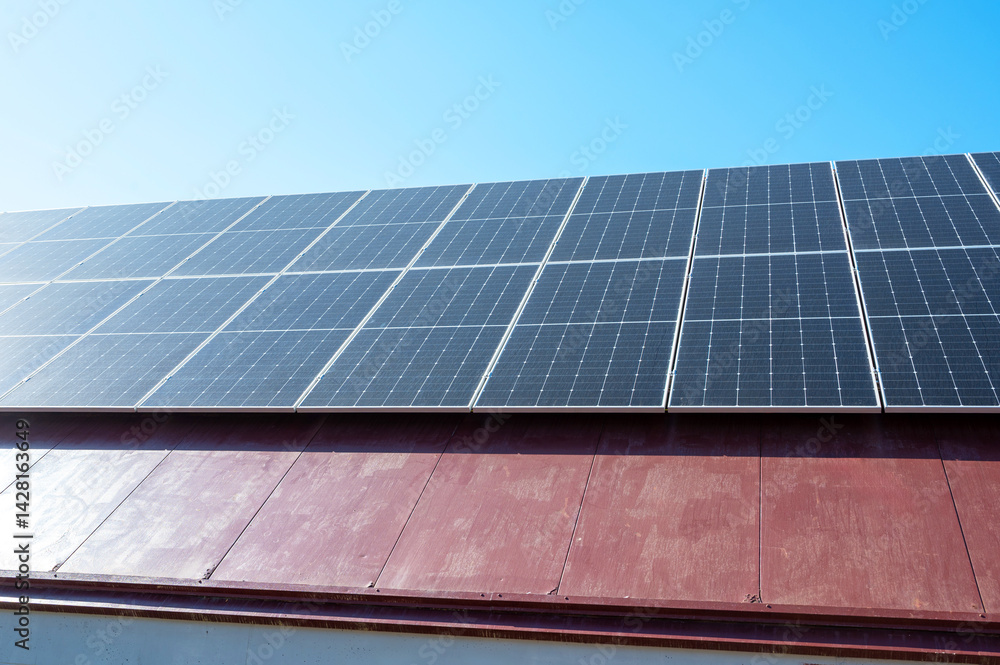 Fototapeta premium Solar panels converting sunlight into renewable energy on a rooftop