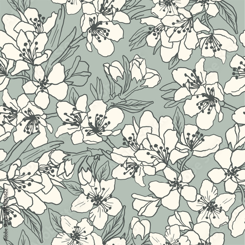 Hand drawn linear floral background. Fabric and surface pattern design with sakura flowers. Vector seamless pattern. Apple tree and cherry blossom decorative allover print.
