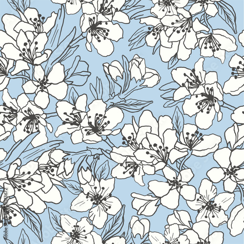 Wallpaper Mural Hand drawn linear floral background. Fabric and surface pattern design with sakura flowers. Vector seamless pattern. Apple tree and cherry blossom decorative allover print. Torontodigital.ca