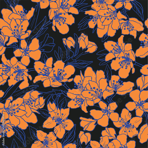 Hand drawn linear floral background. Fabric and surface pattern design with sakura flowers. Vector seamless pattern. Apple tree and cherry blossom decorative allover print.