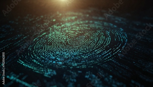 Digital fingerprint scan glowing above a flat surface. Represents biometrics, identity, and security. Very light tone and clean contrast. Copy space.