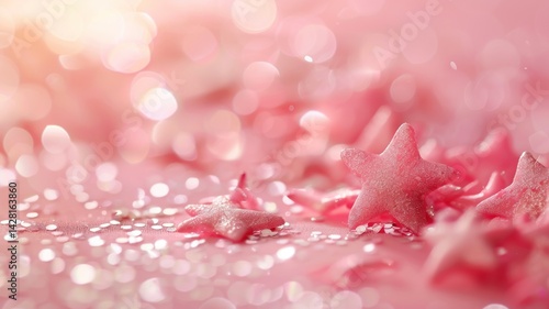 A dreamy pink background with star-shaped candies and sparkles.