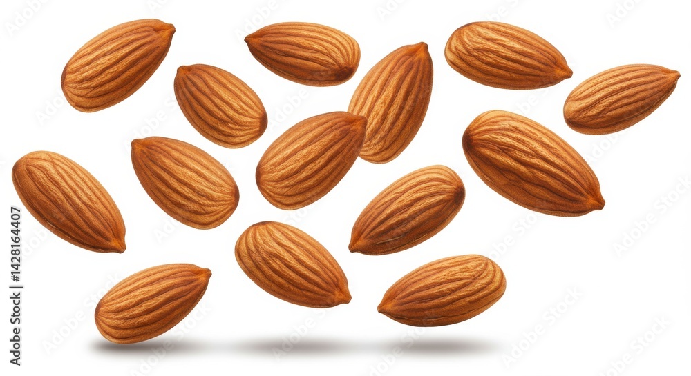 A scattered arrangement of almonds on a white background showcasing their texture and form clearly A scattered arrangement of almonds on a white background showcasing their texture and form clearly
