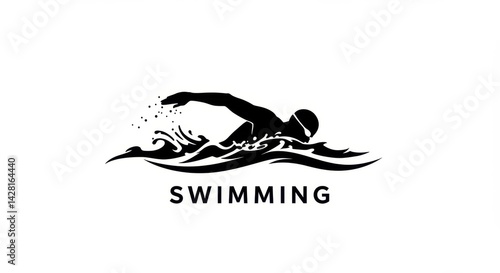 Black silhouette of a swimmer performing a freestyle stroke, creating splashes and waves in the water, with the word 