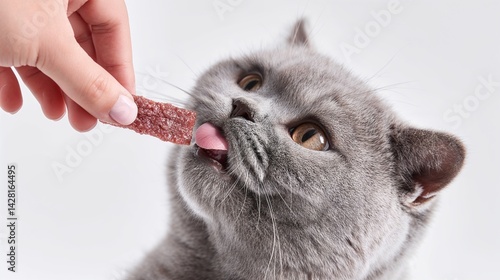 Gray British Shorthair cat happily eating a treat from a owner's hand against white background  