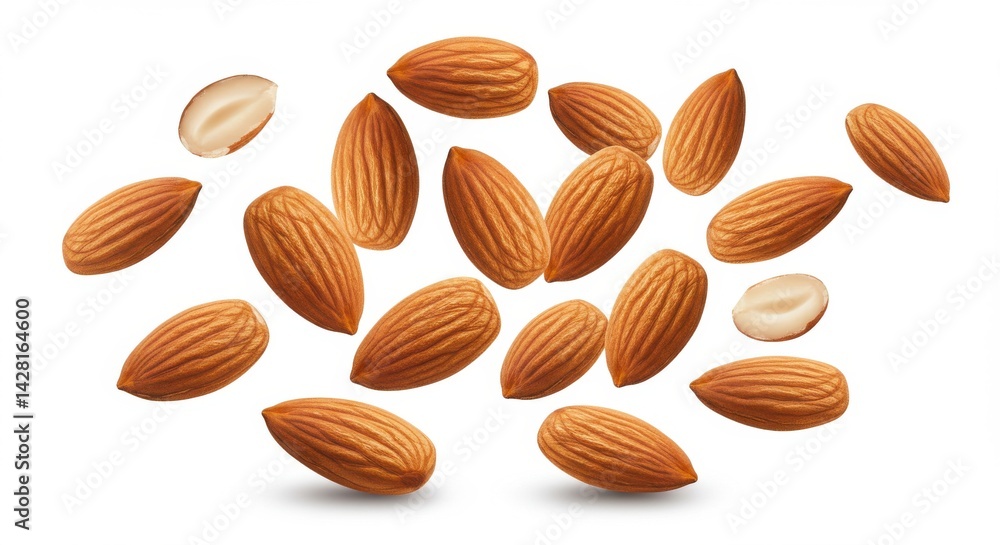 Scattered almonds on a white background with a few almonds cut in half showing the inside nut Scattered almonds on a white background with a few almonds cut in half showing the inside nut