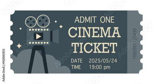 Modern vector flat cinema ticket with date and time in dark palette, simple style