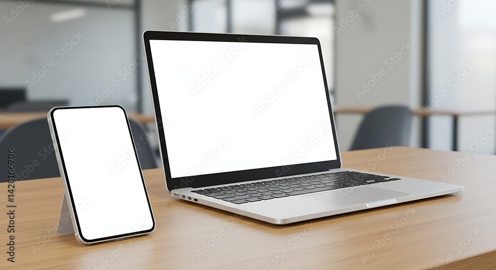 Fototapeta premium Laptop and Smartphone Mockup on Wooden Desk with Blurred Office Background – A Modern Workspace Design Template.