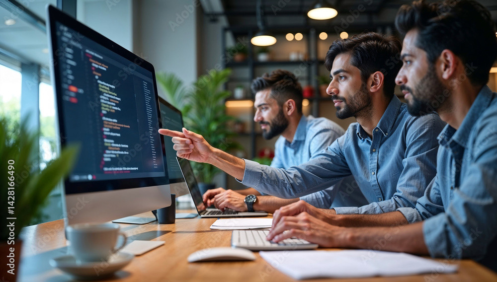 Fototapeta premium Indian software developer and supervisor collaborating in IT office discussing programming solutions and project progress during agile development session