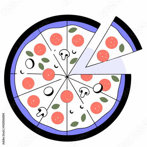 A pizza being sliced with gooey cheese stretching, topped with basil, pepperoni, and mushrooms.