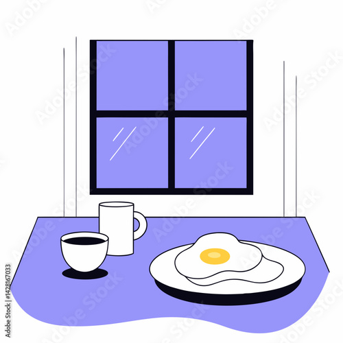 A cozy breakfast scene with toast, scrambled eggs, orange juice, and a coffee mug near a window.