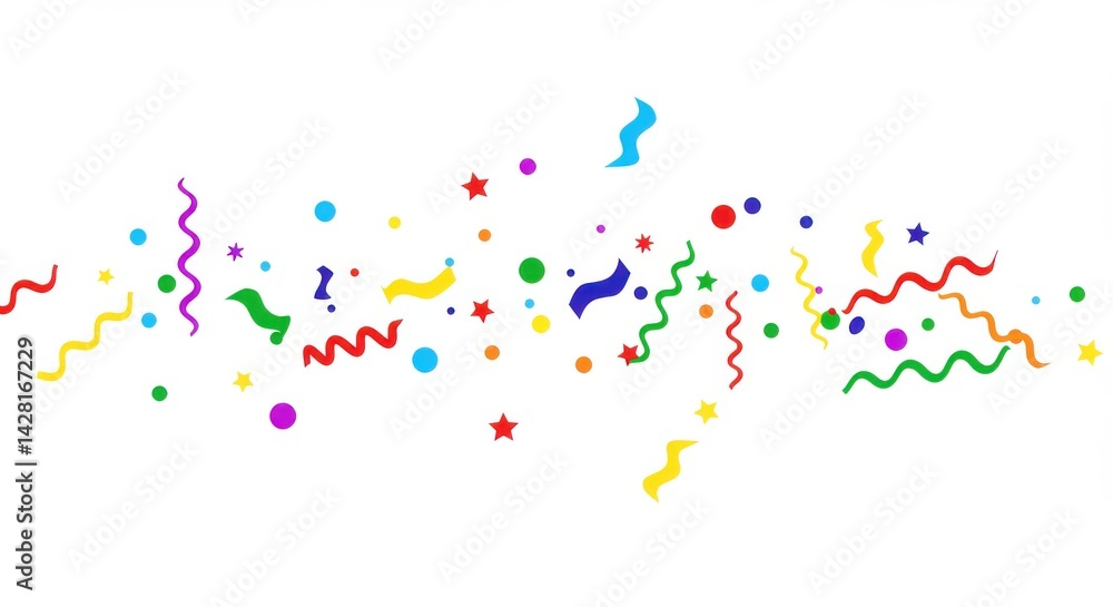Colorful confetti and streamers scattered on a white background for celebration or party theme design Colorful confetti and streamers scattered on a white background for celebration or party theme design