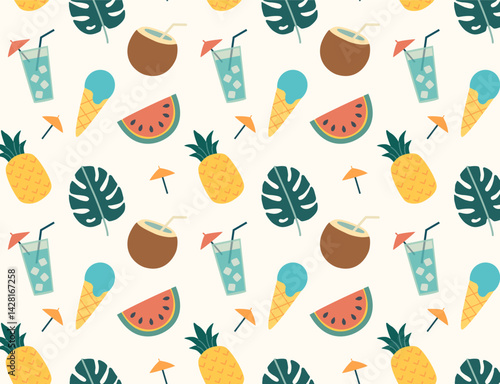 Seamless pattern with summer drinks, tropical fruits and ice cream. Coconut, refreshing drink with ice, pineapple, monstera leaf. Summer background in pleasant warm colors. Print for printing, designs