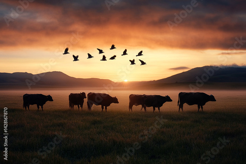 Wallpaper Mural Flock of birds flying over cattle in sunrise mist  Torontodigital.ca