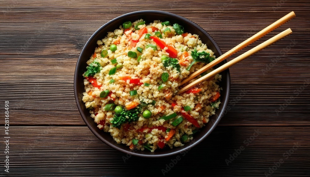 A vibrant bowl of quinoa with fresh vegetables and chopsticks ready for a healthy meal. A vibrant bowl of quinoa with fresh vegetables and chopsticks ready for a healthy meal.