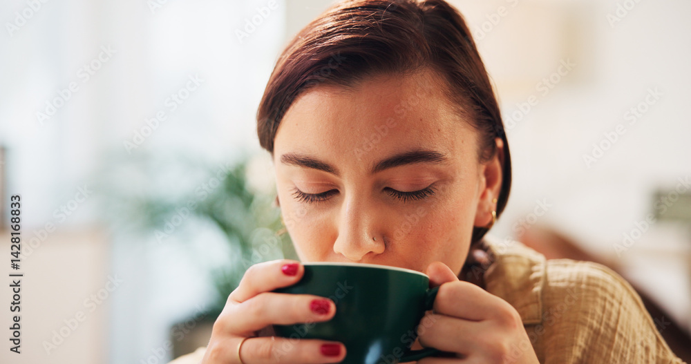 Coffee, relax and woman in home with drink for caffeine beverage or cappuccino in morning. House, apartment and person with mug for calm, break and rest for wellness, peace or satisfaction on weekend Coffee, relax and woman in home with drink for caffeine beverage or cappuccino in morning. House, apartment and person with mug for calm, break and rest for wellness, peace or satisfaction on weekend