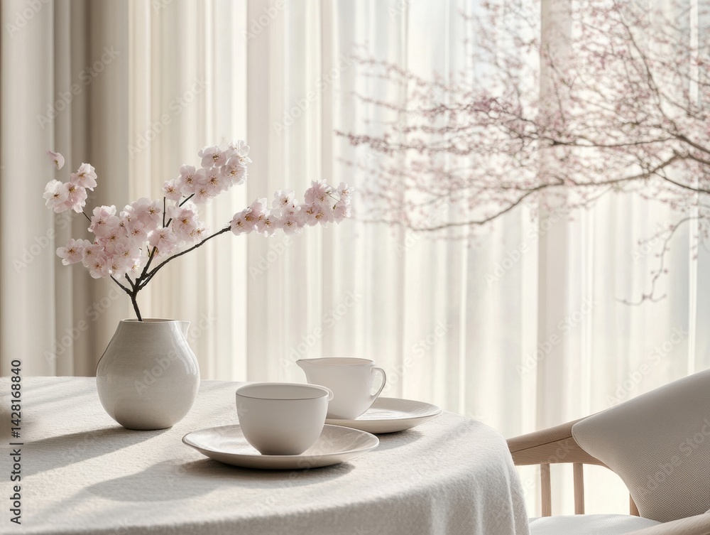 Elegant table setting with cherry blossoms in soft lighting Elegant table setting with cherry blossoms in soft lighting