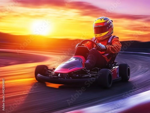 Go-kart racing at sunset on a winding track