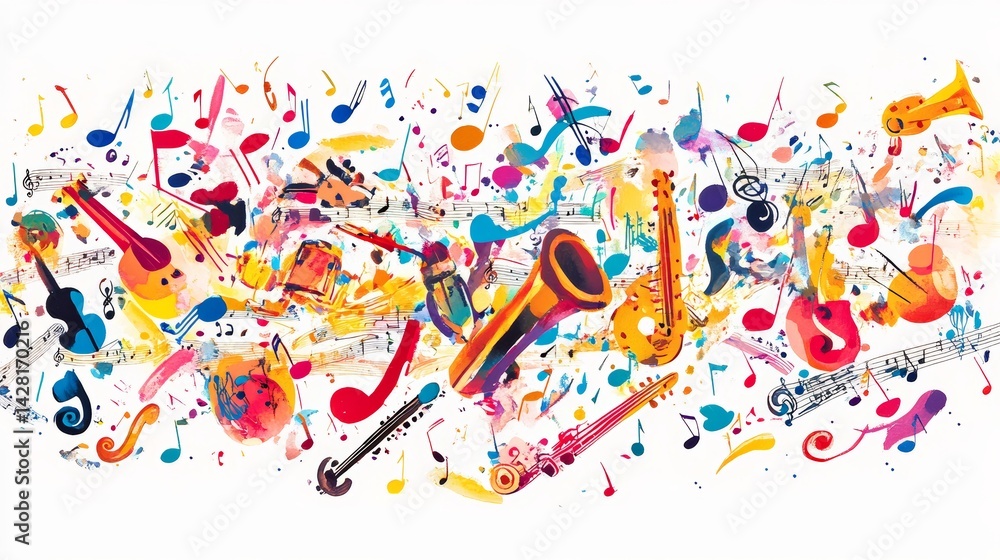 Fototapeta premium A vibrant collection of colorful music notes and various musical instruments, beautifully arranged on a white background, lively and artistic design perfect for a music festival banner or poster