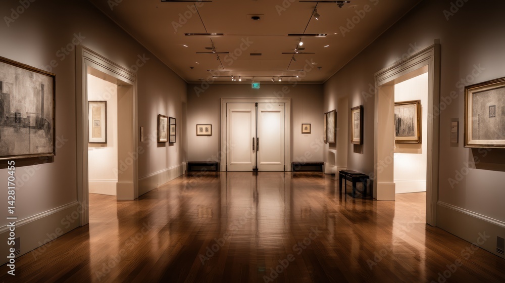Empty museum hallway showcasing art and architecture. Empty museum hallway showcasing art and architecture.