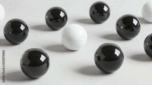 An artistic arrangement of glossy black and white spheres.