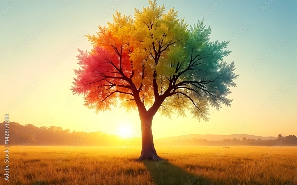 Obraz premium a single tree with branches bearing leaves in every color of the rainbow