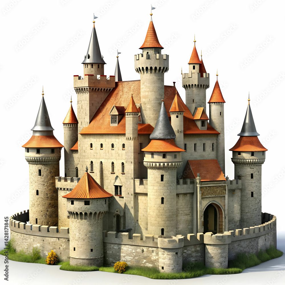 Fototapeta premium A majestic medieval castle, with towering stone walls, high turrets, and intricate battlements,