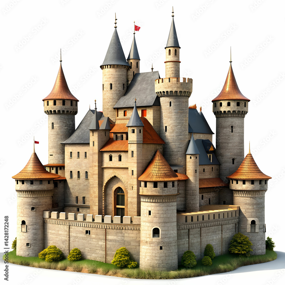 Fototapeta premium A majestic medieval castle, with towering stone walls, high turrets, and intricate battlements,