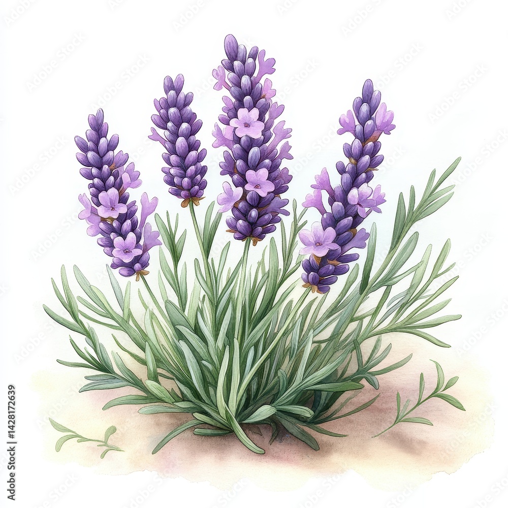Obraz premium A beautifully illustrated lavender plant featuring clusters of purple flowers and green leaves, showcasing its delicate beauty.