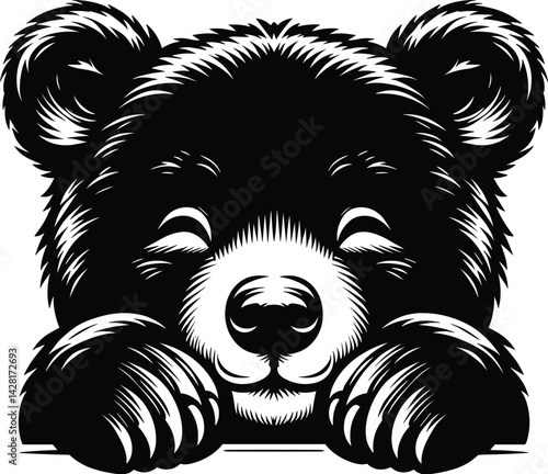 Winking Bear Cub Face Peeking Silhouette Vector