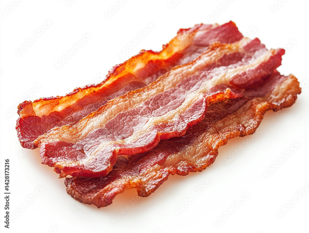 Crispy bacon strips arranged on a clean white surface Crispy bacon strips arranged on a clean white surface