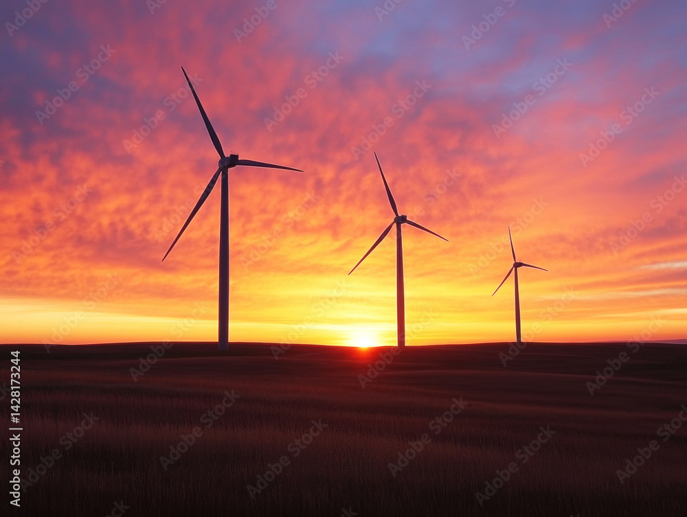 Wind turbines basking in a vibrant sunset over a horizon Wind turbines basking in a vibrant sunset over a horizon
