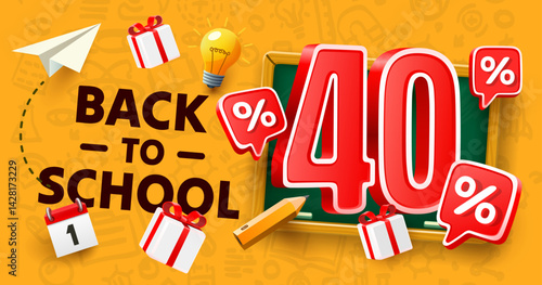 Back to School special offer, Sale 40 percent. Vector illustration 