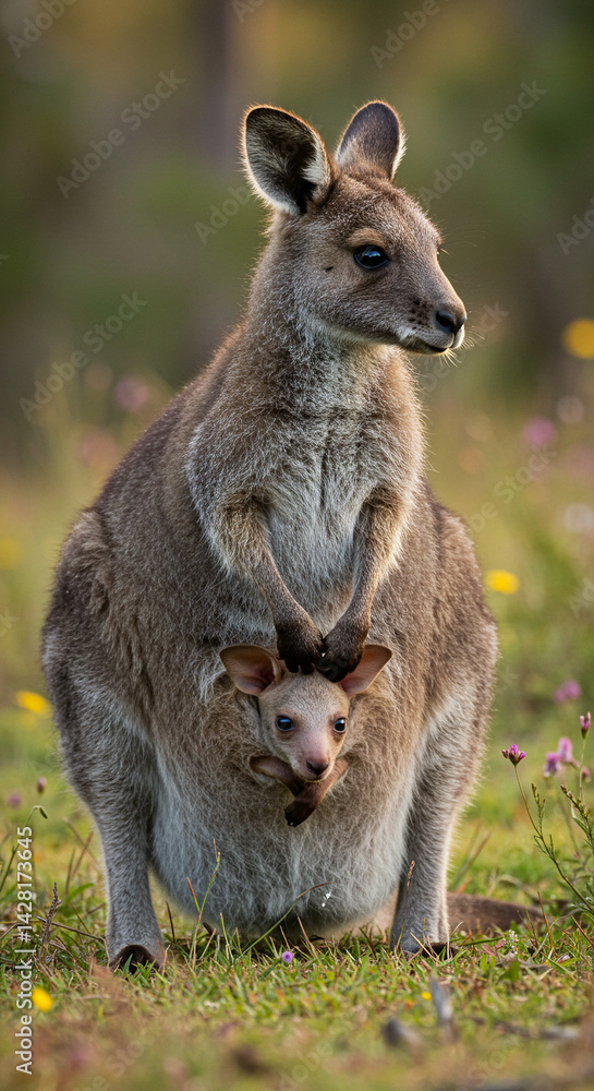 Fototapeta premium Kangaroo with Joey Standing in Grassy Meadow at Dusk