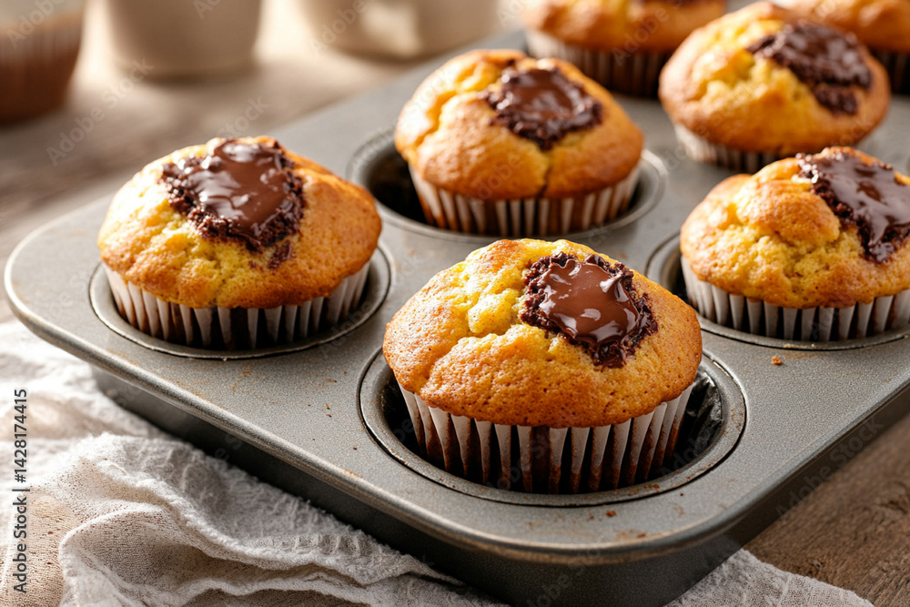 Freshly baked muffins in a metal pan, with gooey chocolate inside, showing warmth and coziness Freshly baked muffins in a metal pan, with gooey chocolate inside, showing warmth and coziness