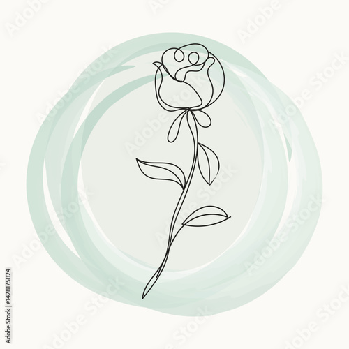 Elegant Single Line Rose Drawing on Soft Green Watercolor Background