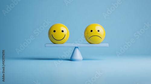 happy and sad smiley face emojis on a balance scale - on a Blue background.