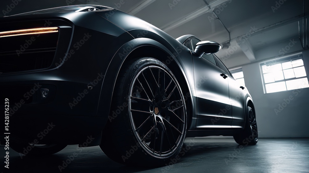 Dark, sleek SUV in a modern garage setting. Dark, sleek SUV in a modern garage setting.