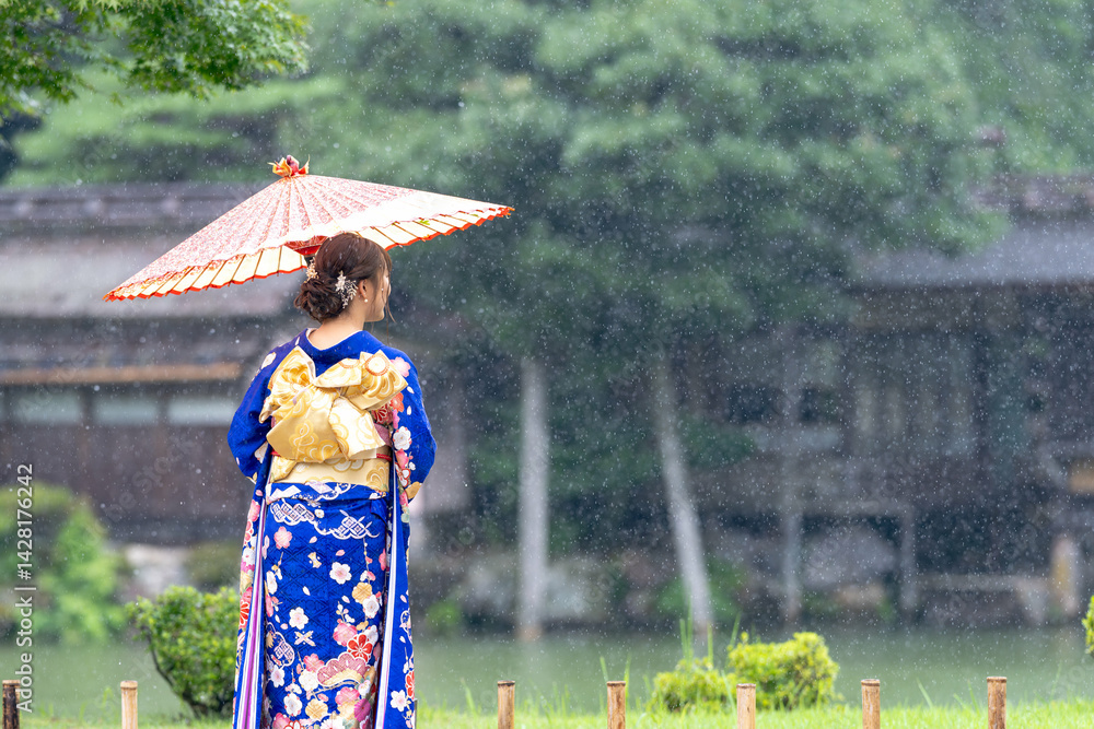 A local city in Japan on a rainy summer day. Japanese woman wearing a blue teenage kimono with a Japanese umbrella standing by a pond in a traditional garden. The back view.