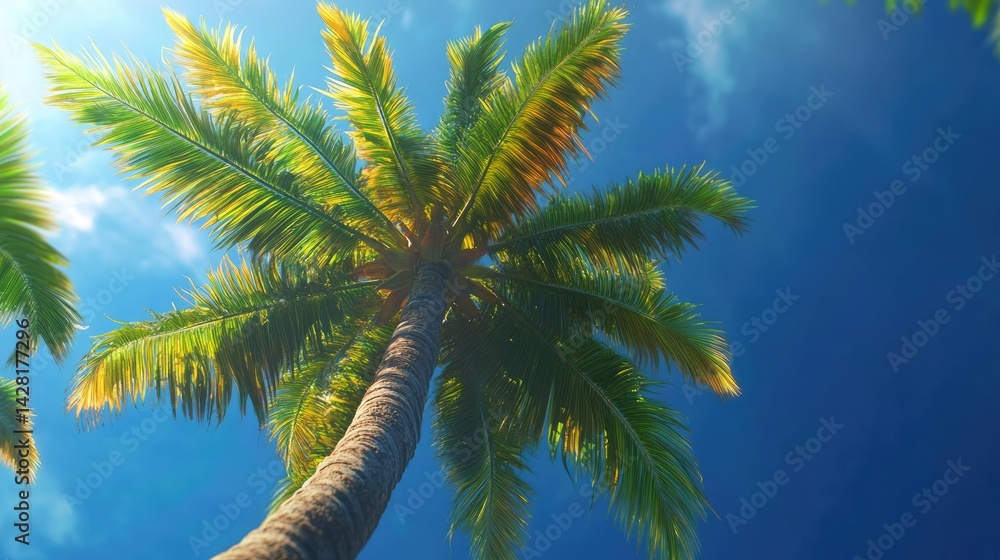 Naklejka premium The Vibrant Green Fronds of a Coconut Palm Under the Bright Sun