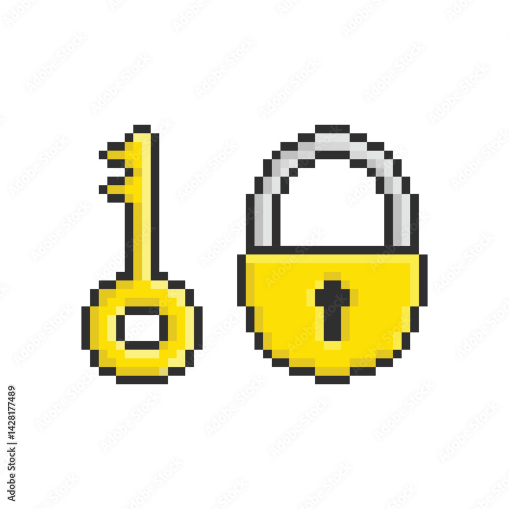 Fototapeta premium Pixel art of a yellow key and padlock icon. Retro 8-bit style design representing access, security, unlocking, or digital safety in games or tech visuals.