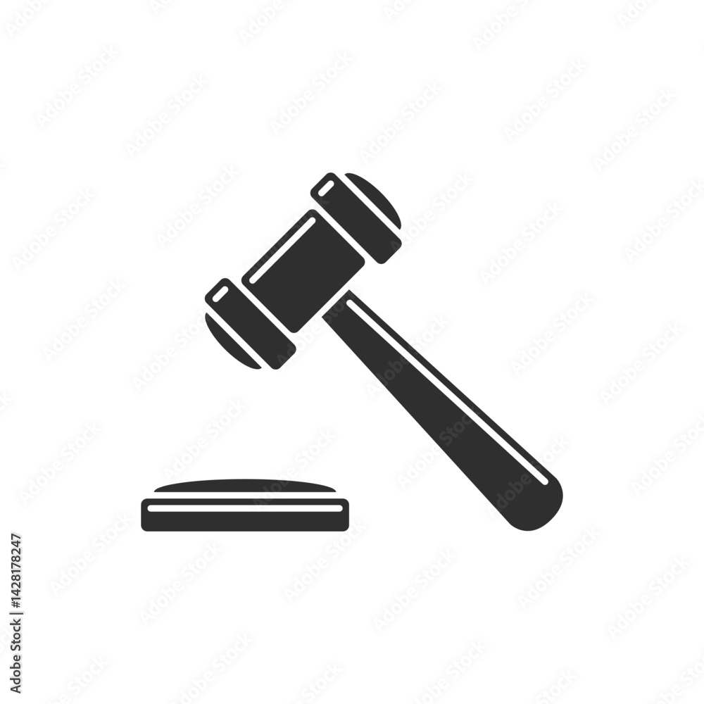 A judge or auctioneer gavel icon. A black and white minimalist symbol representing law, justice, court, legal decisions, or auctions. A judge or auctioneer gavel icon. A black and white minimalist symbol representing law, justice, court, legal decisions, or auctions.