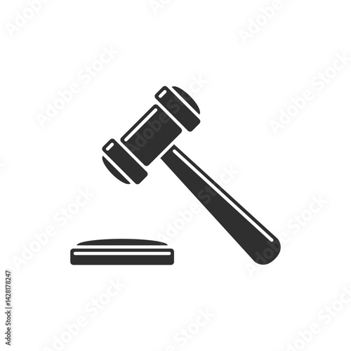 A judge or auctioneer gavel icon. A black and white minimalist symbol representing law, justice, court, legal decisions, or auctions.