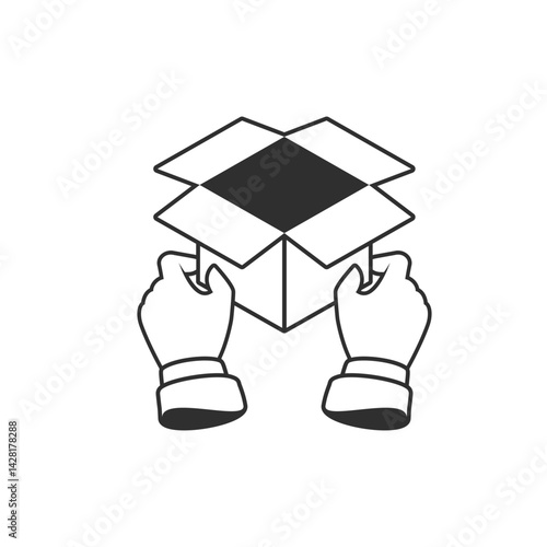 An icon of an open cardboard box in hands. A simple black-and-white line symbolizing delivery, packaging, logistics, unpacking, or shipping of goods.