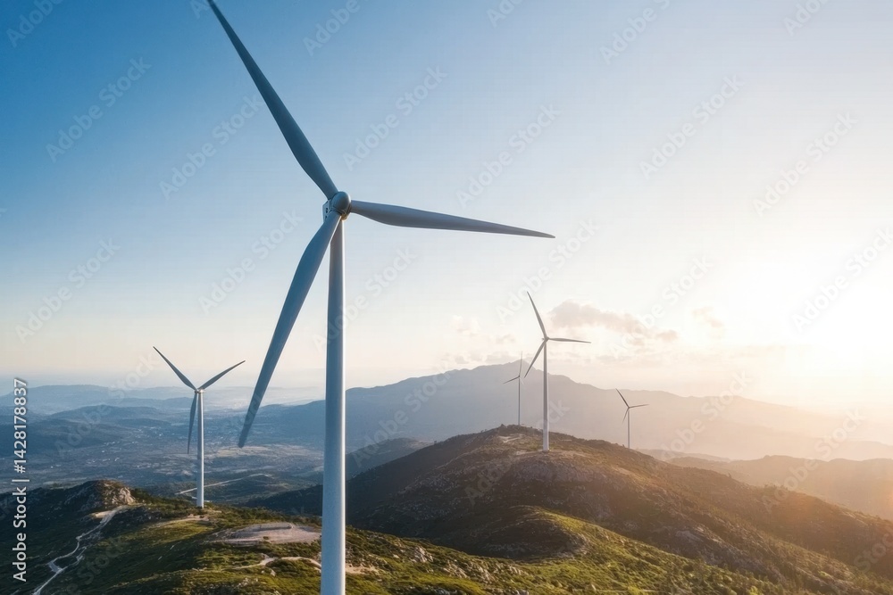 Obraz premium Wind Turbines on Mountain Landscape at Sunrise - Renewable Energy Concept.