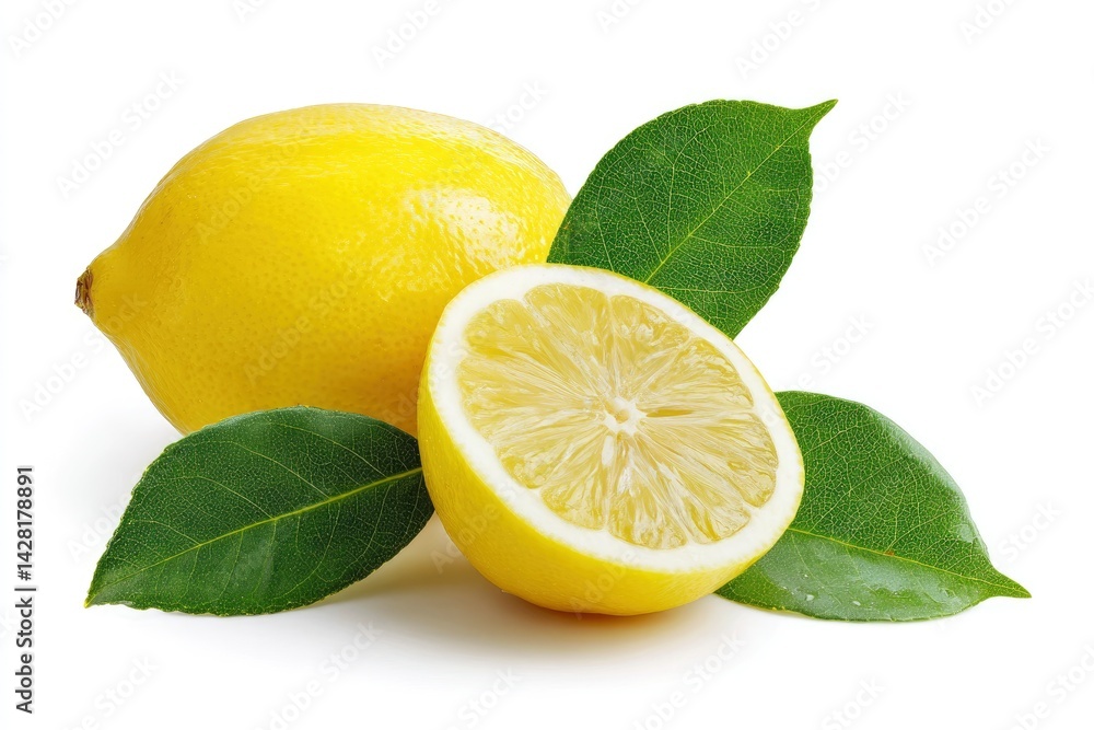 Lemon Fruit with Lemon Half and Green Leaves Lemon Fruit with Lemon Half and Green Leaves