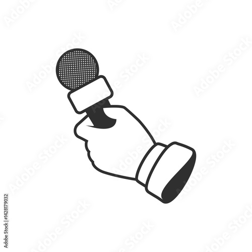 Hand holding microphone icon. Journalism, live news or reporters interviews concept. Mic in hands of man.