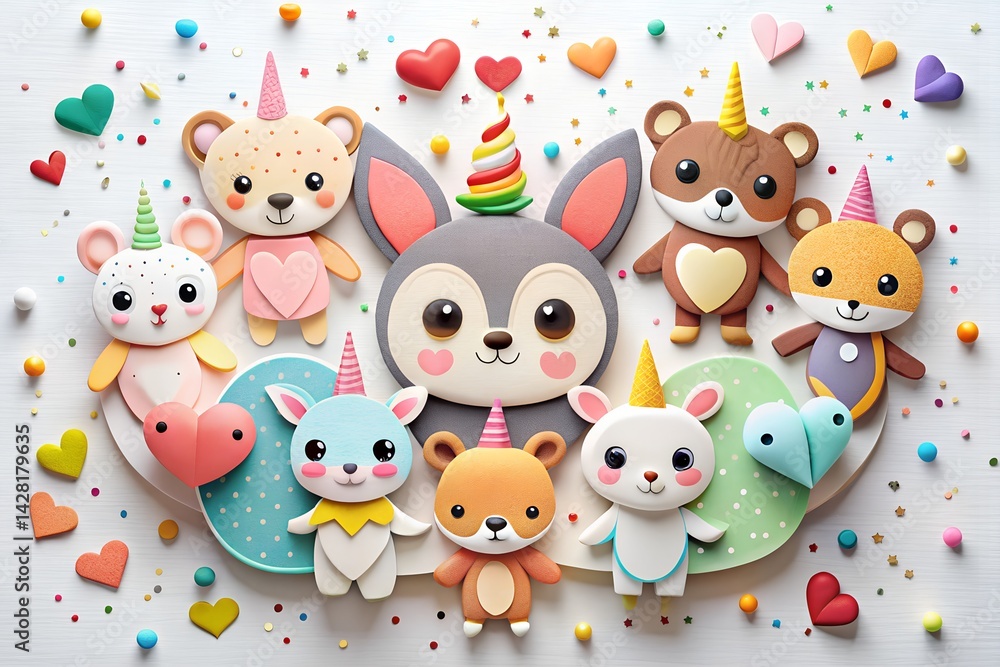 Cute Kawasaki Animal Birthday Party Art – Colorful Cartoon Characters and Hearts