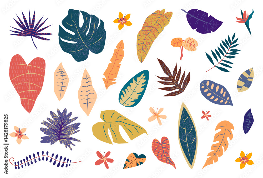 Obraz premium Hand Drawn Colorful Abstract Tropical Leaves Set.