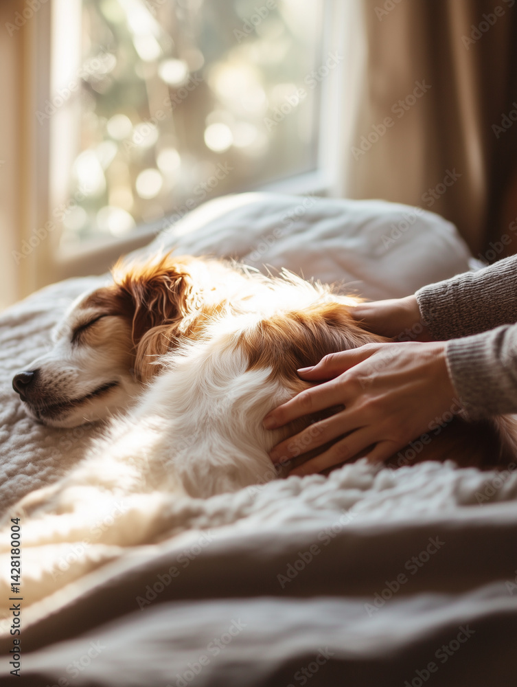Obraz premium Dog owner provides gentle back massage to senior dog in cozy indoor setting during daytime